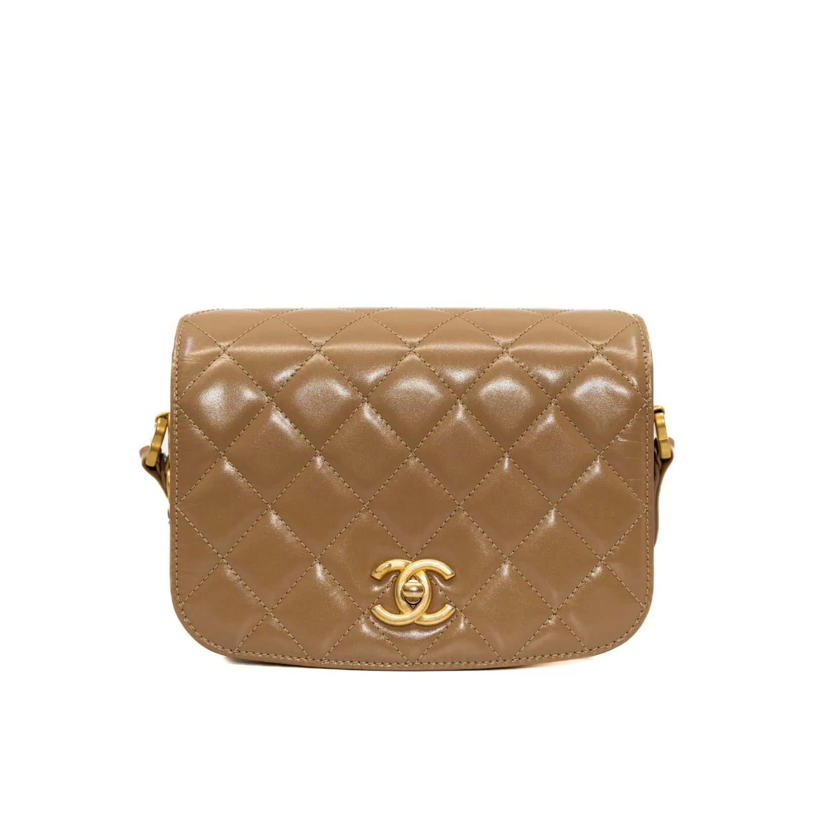 Mini Beige Shiny Calfskin Quilted Messenger Flap Bag GHW