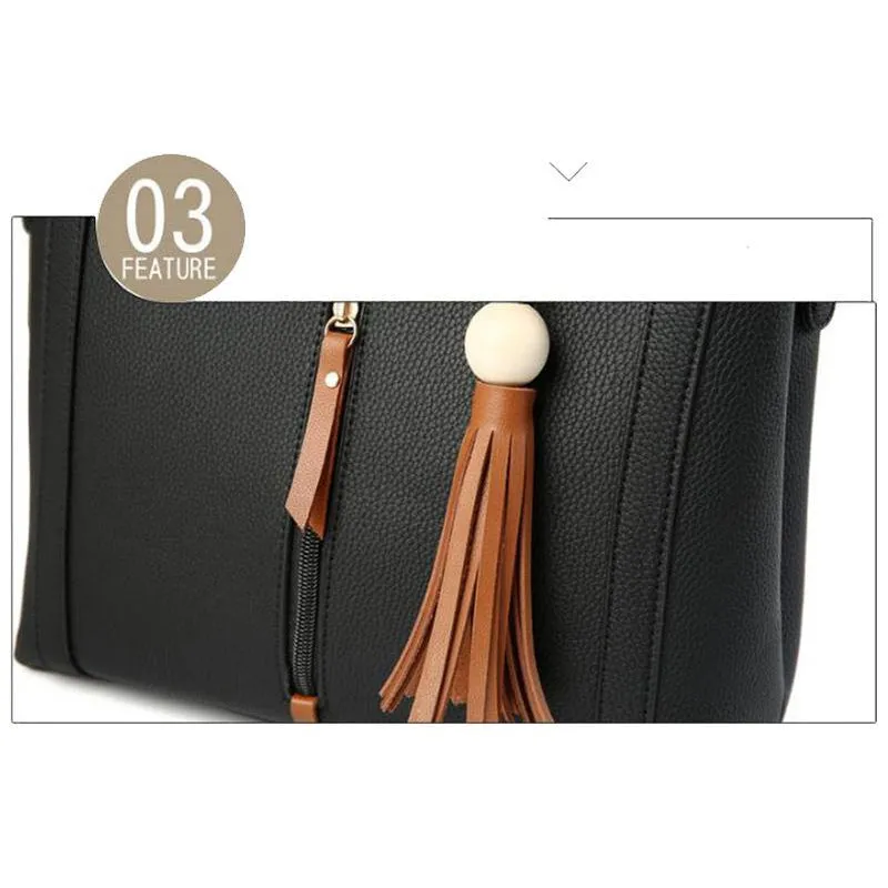 Women Tote Faux-Leather cross body Messenger Handbag Leather Bag with Leather Tassels