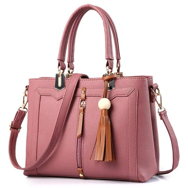 Women Tote Faux-Leather cross body Messenger Handbag Leather Bag with Leather Tassels